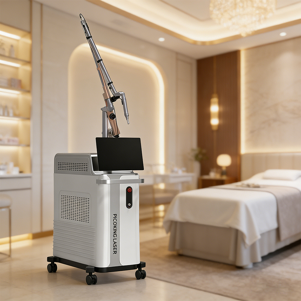PicoKing II laser machine with a woman undergoing skin rejuvenation treatment